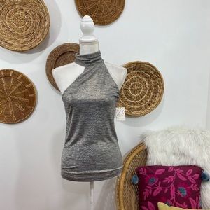 NEW Free People Silver Shimmer Asymmetrical High Neck Tank Top Metallic